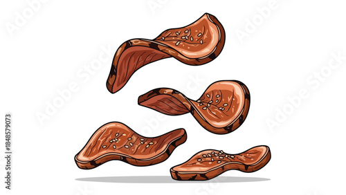 Vibrant culinary illustration of savory marinated strips with sesame seeds, a delectable food art piece for various projects