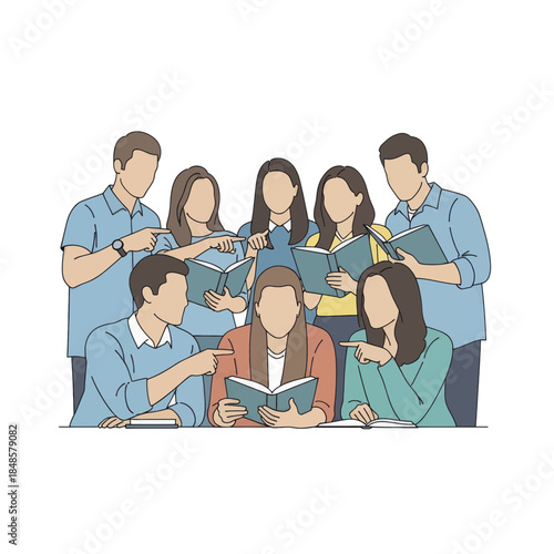 Group of people reading together around a central reader.