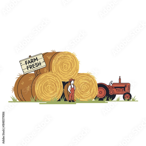 Large Hay Bales Stacked With Farm Tractor.