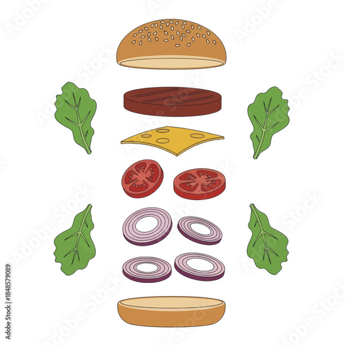 Deconstructed burger ingredients arranged vertically on plate.