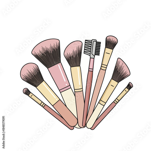 Set of makeup brushes arranged fan style.