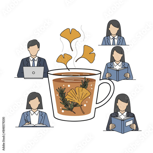 Tea cup with herbal leaves surrounded by students.