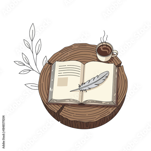 Open notebook with feather quill on wooden table.