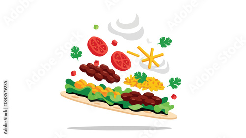 Dynamic illustration of fresh taco ingredients assembling with vibrant colorful culinary elements perfect visual for cooking guides food blogs and