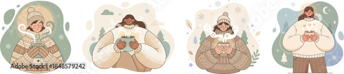 Four illustrations of women enjoying warm drinks in cozy winter outfits amidst snowy and cold weather scenes.
