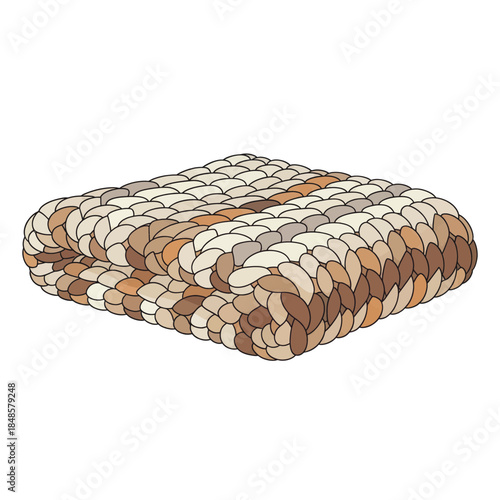 Quilted multicolored blanket folded neatly on bed.