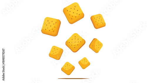 Delicious golden square crackers tumbling down a white background food snack illustration vector art