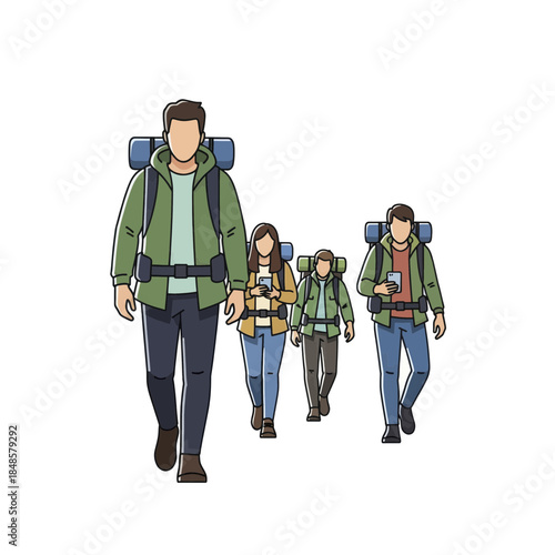 Group of hikers with backpacks walking together.