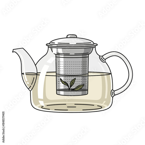 Glass teapot with infuser and brewed tea.