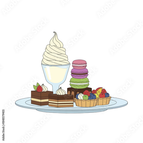 Assorted Dessert Platter Featuring Ice Cream Macarons and Tarts.
