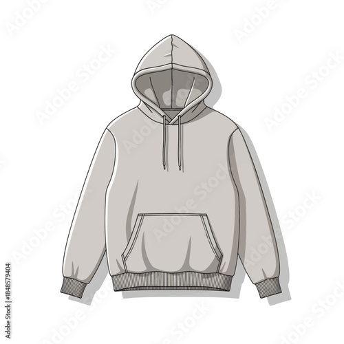 Beige hooded sweatshirt illustration with front pocket.