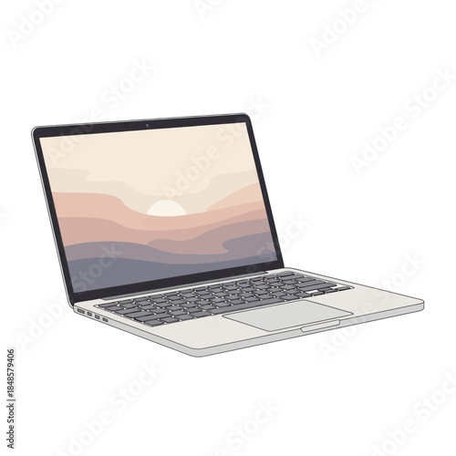 Modern laptop open with scenic gradient wallpaper.