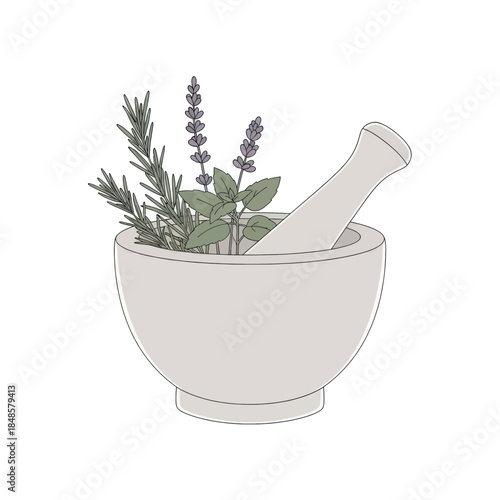 Mortar and pestle with fresh herbs in bowl.