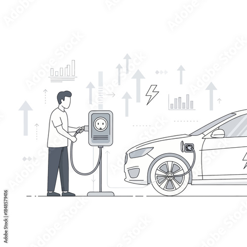 Electric Vehicle Charging At Public Charging Station With Car.