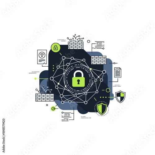 Cybersecurity Network Lock and Connections Illustration.