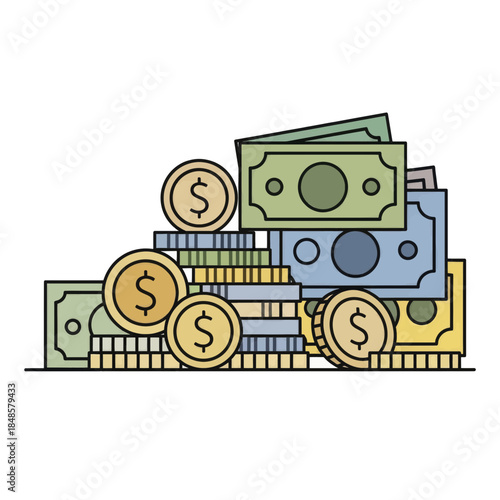 Pile of Cash and Coins Stacks Illustration.