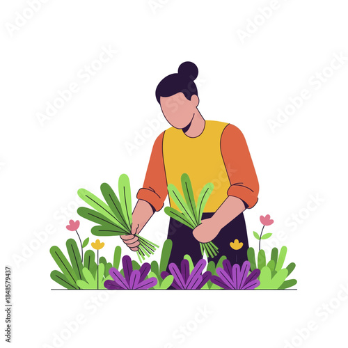 Gardener Tending Vibrant Garden Plants with Care.
