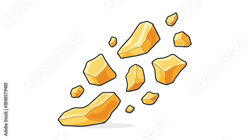 Dynamic arrangement of bright yellow abstract fragments showcasing irregular geometric forms, floating weightlessly, perfect for design elements or