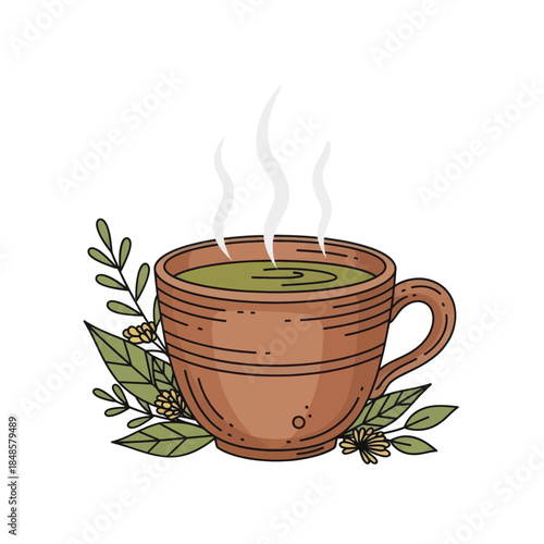 Steaming Cup Of Hot Beverage With Leaves.