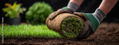 Professional gardener laying new green grass lawn roll on prepared soil with gloved hands creating fresh turf installation and neat landscape with rich earth and healthy sod