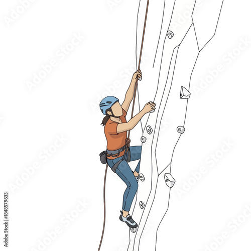 Climber ascending a rock climbing wall solo.