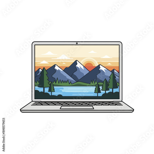 Open laptop displaying scenic mountain landscape on screen.