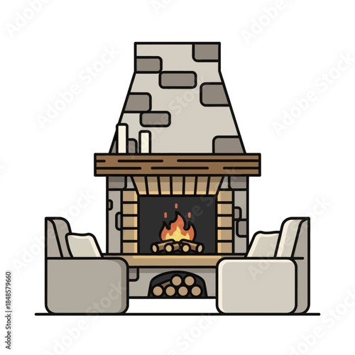 Cozy Stone Fireplace With Burning Fire.