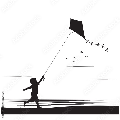 Silhouette of a young boy running on a beach or open field, flying a large kite with a long tail, surrounded by several birds flying in the sky, depicting childhood fun and freedom