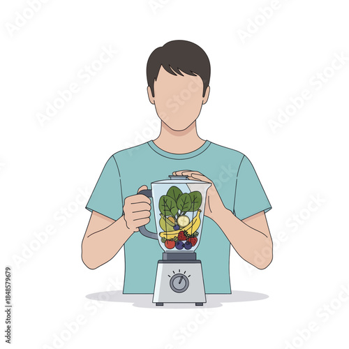 Person holding blender with fresh vegetables.