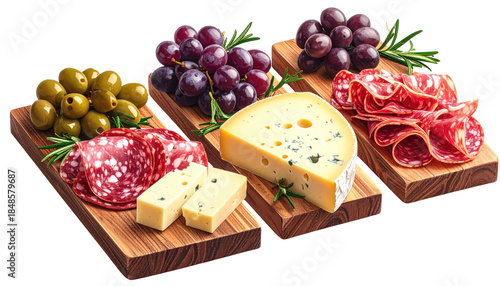 Gourmet charcuterie board with olives, grapes, cheese, and cured meats