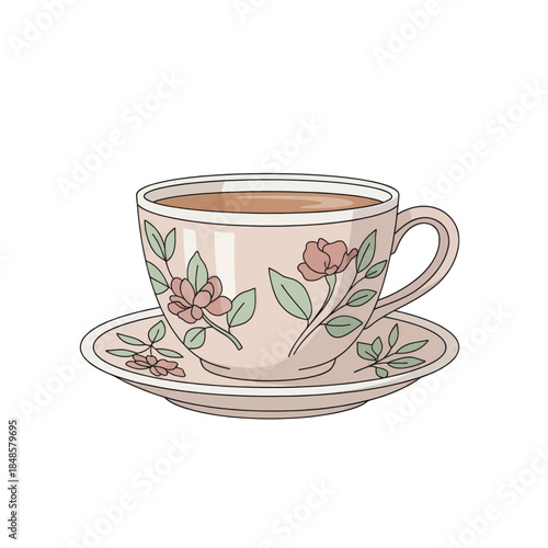 Floral Teacup with Delicate Roses on Saucer.