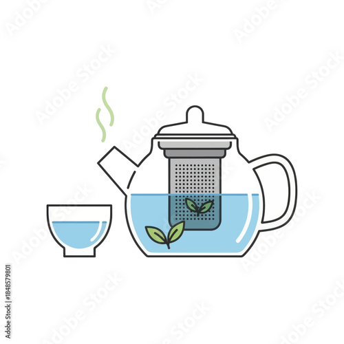Teapot with Tea Infuser and Cup Illustration.