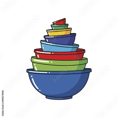 Stacked colorful bowls forming a compact tower.