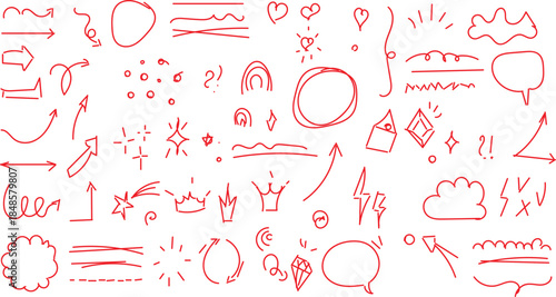 collection of red, hand-drawn doodle elements. These vector illustrations, often used for decoration or emphasis, include a variety of shapes and symbols. 