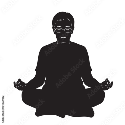 Black and white silhouette of an older individual, likely male, sitting cross-legged in a meditative lotus position with hands resting on knees, representing mindfulness, relaxation, and inner peace