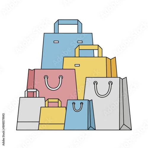 Colorful shopping bags stacked together in display.