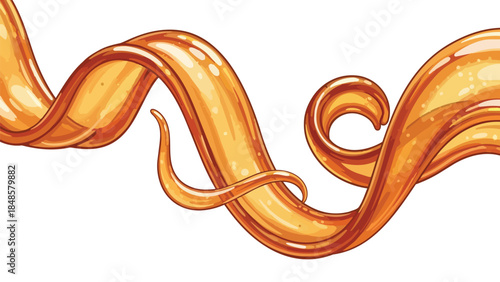 Dynamic amber fluid ribbon gracefully unfurling across a pristine white background with lustrous highlights, illustrating smooth motion and vibrant