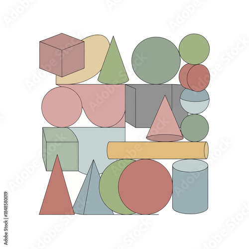 Abstract Geometric Shapes Composition With Circles Triangles And Cubes.