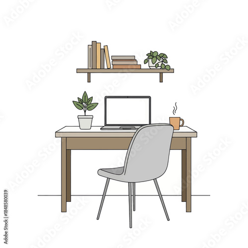 Cozy home office desk setup with laptop and chair.