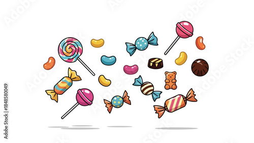 Colorful assortment of sweet confectionery treats for kids and adults to enjoy, featuring lollipops and wrapped candies