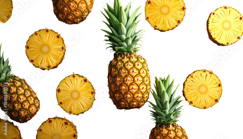 Scattered pineapples and slices against a stark black backdrop