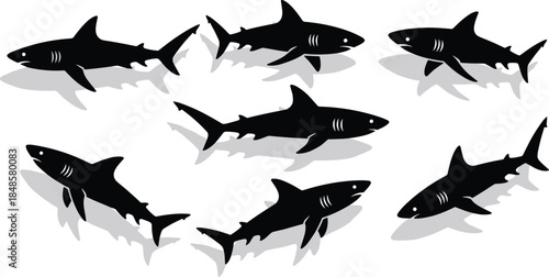 Seven Black Silhouettes of Sharks with Drop Shadows, Nautical Ocean Predator Graphics for T-shirt Design or Logo Concept, Flat Vector Illustration Isolated on White Background,