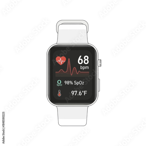 Smartwatch wearable device with heart rate display.