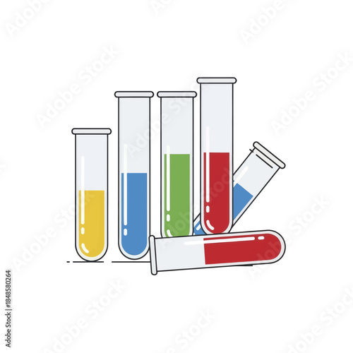 Colorful liquid filled test tubes in a laboratory stand.