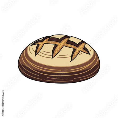 Round Rustic Bread Loaf With Crusty Scored Surface.