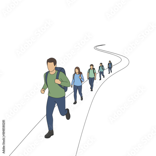 Group of Hikers Walking Along a Curved Path.