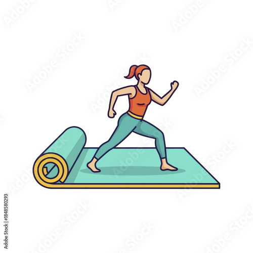 Woman Running on Exercise Mat During Workout Illustration.