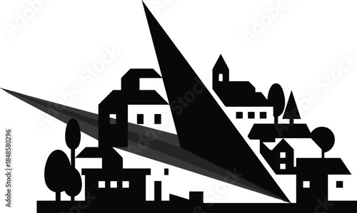 Abstract village silhouette illustration, dramatic geometric light rays composition, surreal rural architecture scene, conceptual art vector isolated on white