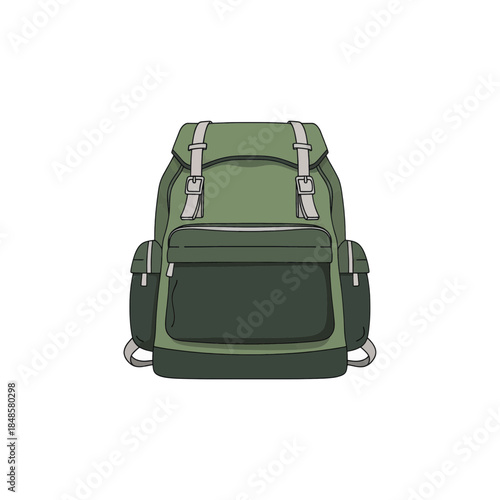 Green Backpack With Front Pocket And Straps.