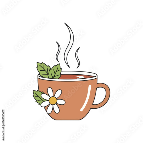 Warm Cup Of Tea With Mint And Daisy Decoration.